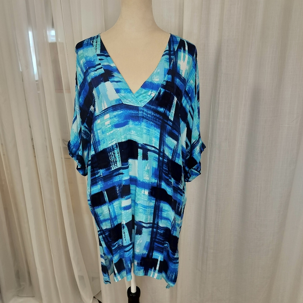 Natori Blue Abstract Print Tunic Coverup‎ Size L